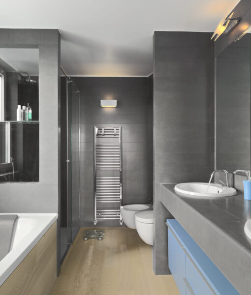 interior view of a modern bathroom in foreground the washbasin and the bathtub